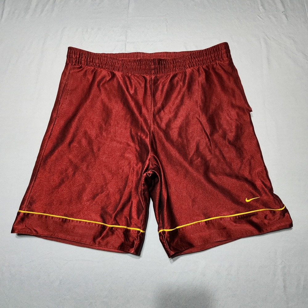 Nike Mens XL Basketball Shorts Burgundy Red Yellow Swoosh Athletic Mesh Pockets